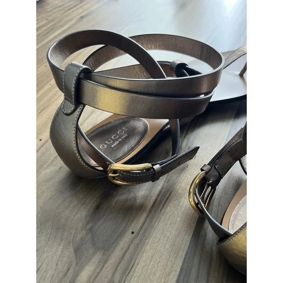 Gucci Bronze Leather Ankle Wrap Sandals Size 39 US Size 9 Made In Italy - Picture 4 of 12